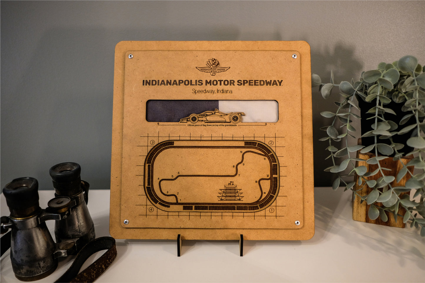 Indianapolis Motor Speedway® 3D Track Map w/ Official Track Flown Flag Woodcraft Art Display
