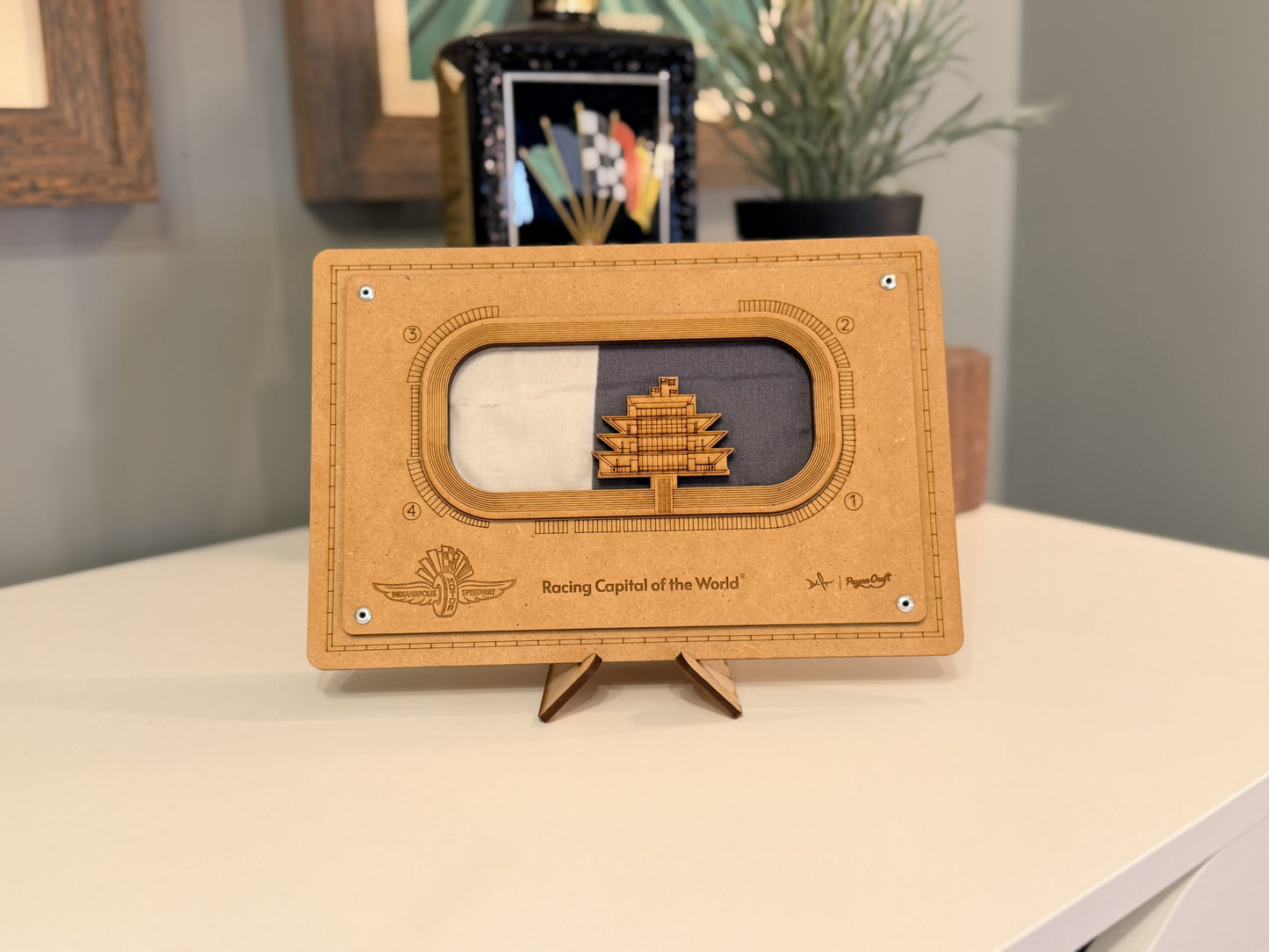 Indianapolis Motor Speedway® 3D Track Map w/ Official Track Flown Flag Woodcraft Art Display